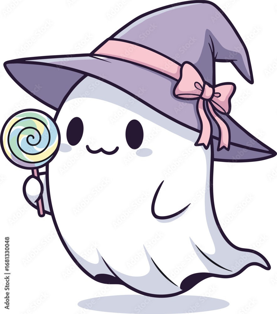 Fototapeta premium Cute ghost with witch hat and lollipop, Halloween cartoon vector, festive spooky character design, cad drawing flat vector illustration