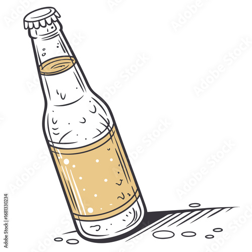 Hand drawn illustration of a refreshing bottle of beer with bubbles and a light brown label