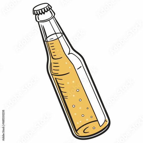 Hand drawn illustration of a refreshing bottle of golden beer with bubbles and condensation