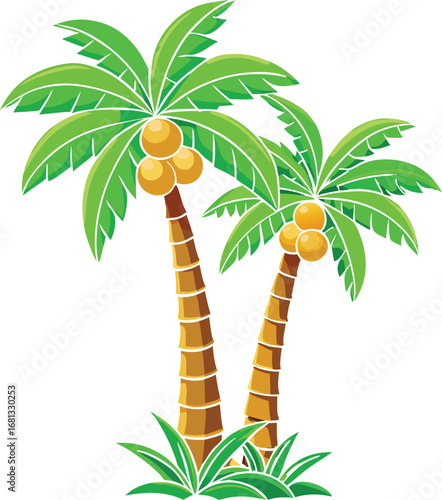 Vibrant tropical coconut palm trees with coconuts and lush green foliage