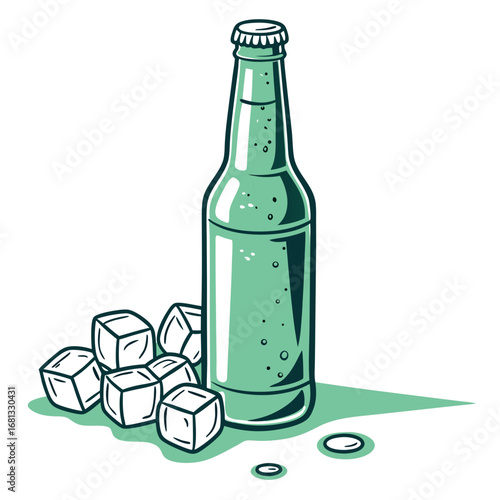 Refreshing green bottle of soda with ice cubes and bottle caps on a white background