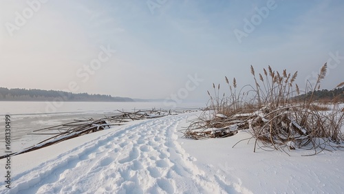 Fototapeta Naklejka Na Ścianę i Meble -  Wintery scene of a lakeside beach with ice and snow