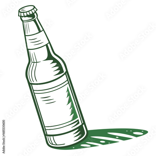 Stylized green outline of a beer bottle with a blank label and a cast shadow on a white background