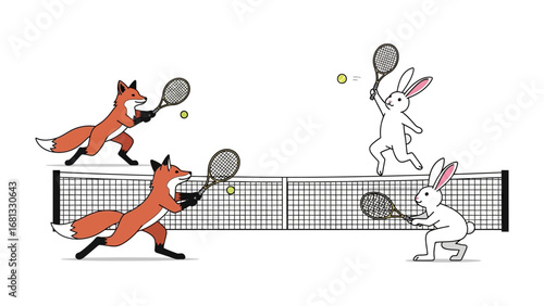 Tennis Match of Foxes and Bunnies: Adorable anthropomorphic foxes and bunnies engage in a spirited tennis match, capturing the joy and playfulness of sports.
