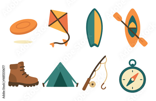 Outdoor adventure gear: frisbee, kite, surfboard, kayak, boot, tent, fishing rod, compass
