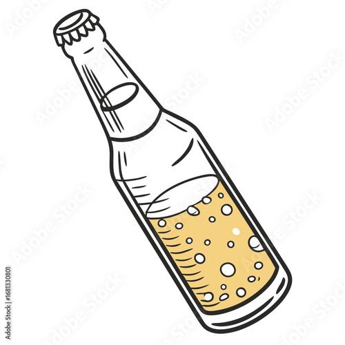 Stylized illustration of a glass bottle filled with bubbly golden liquid and a metal cap