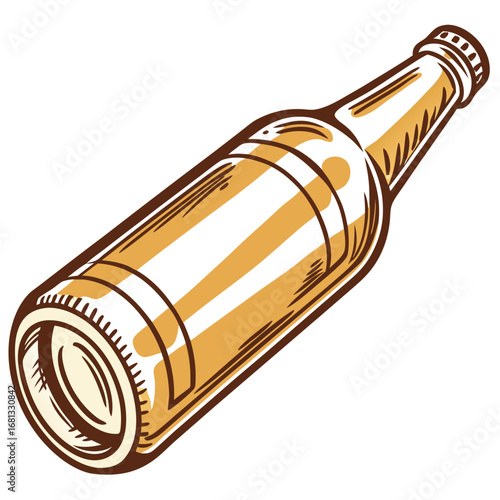 Stylized illustration of a golden brown glass beer bottle with white stripes on a white background