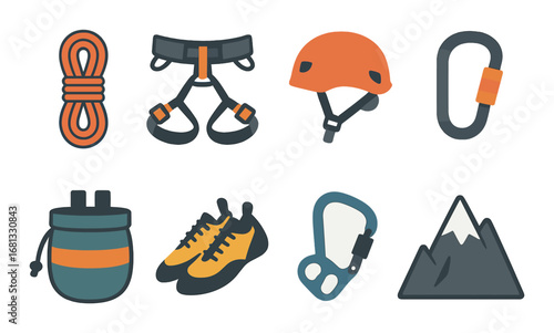 Essential rock climbing gear: rope, harness, helmet, carabiner, shoes, chalk bag, ascender, mountain icon