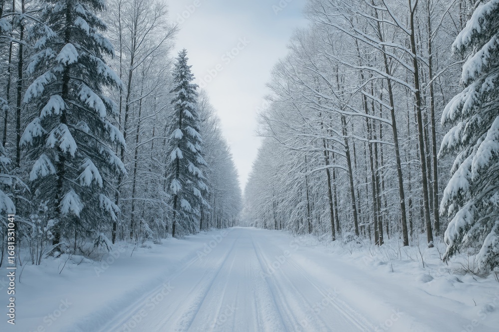 Fototapeta premium Frozen forest trail covered in snow