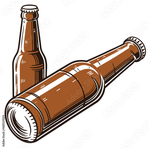Two brown glass beer bottles one standing upright and the other lying down isolated on white background