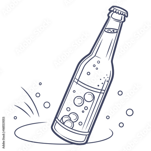 Stylized line art illustration of a refreshing carbonated beverage bottle with bubbles and splash effect