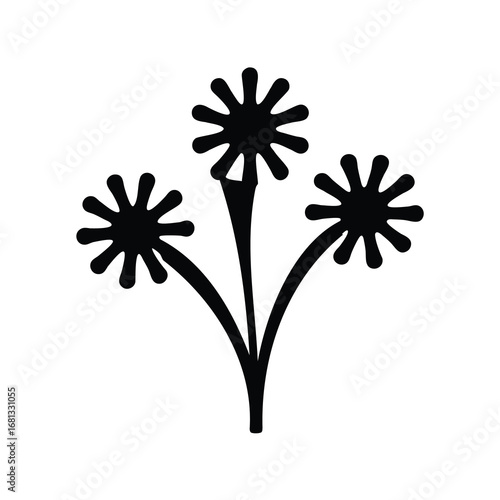 Silhouette of Triple Burst Fireworks Icon - Black silhouette illustration of three burst-style fireworks on stems, radiating outward like sparkling flowers, symbolizing celebration, festivity, and joy