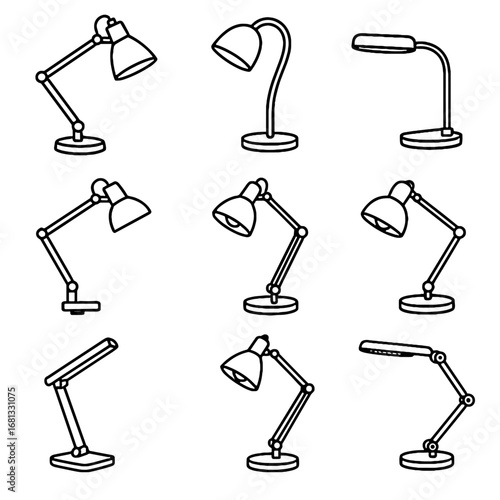 Foldable icon arm articulated gooseneck desk adjustable table vector lamp head modern