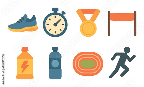 Track and field icons: running shoes, stopwatch, medal, hurdle, energy drink, water bottle, track, runner