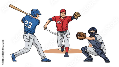 Baseball Action: A dynamic baseball scene unfolds, capturing a batter, pitcher, and catcher in a vibrant, action-packed illustration of the sport's key moments.