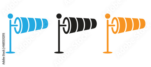 Professional wind direction indicators in three colors, ideal for illustrating weather conditions or aviation-related projects. Great for weather apps, travel brochures, and environmental awareness ca