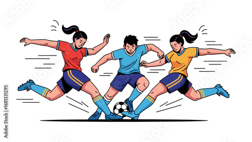 Soccer Match illustration: A dynamic illustration of a soccer match, with three athletes engaged in a competitive game, kicking and vying for control of the ball. capturing the energy.