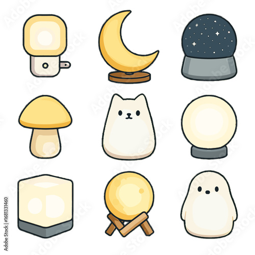 Light figure lamp icon glow moon crescent orb vector night collection
