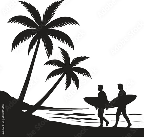 Two surfers walk along a beach with palm trees and the ocean