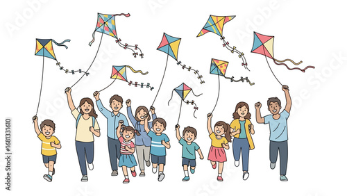 Kite Flying Adventure: A joyful illustration depicts a group of people of all ages reveling in the spirited act of flying colorful kites, showcasing unity and happiness.