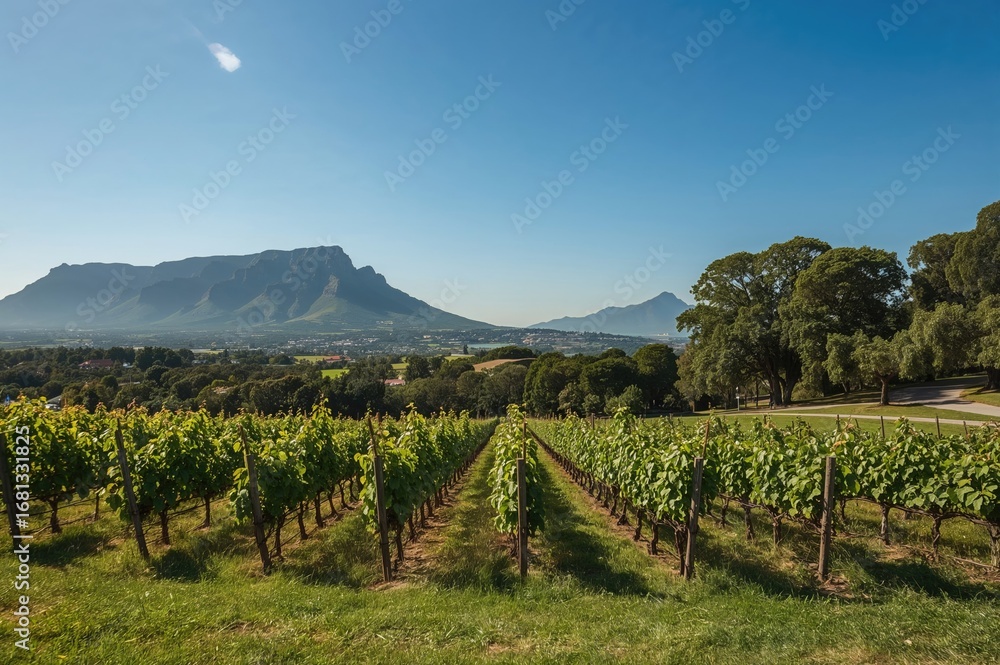 Naklejka premium Vineyards nearby with scenic sky and summer vibes, featuring natural trees, grass, and forest landscape