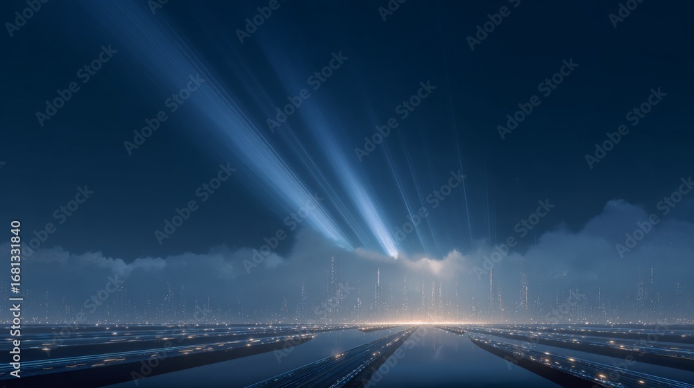 Obraz premium Blue light beams shine through dark clouds above a city reflecting on roads during nighttime