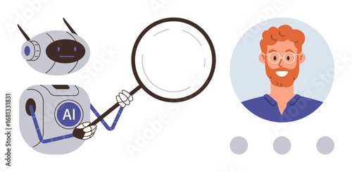 AI robot holding magnifying glass examines human profile illustration, representing artificial intelligence. Ideal for technology, research, data analysis, hiring, machine learning, innovation