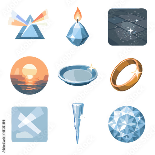 Vector platter reflection diamond shine icons glint icon crystal frosted sparkle glass