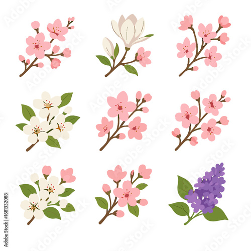 Almond cluster icon collection twig pear blooming apple branch plum blossom vector