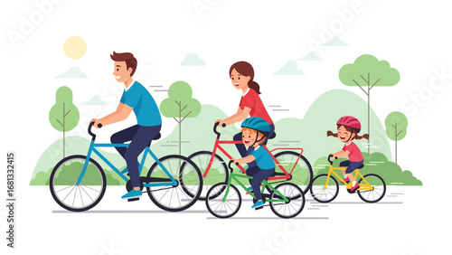 Family Bike Ride: A happy family is riding bikes together, enjoying the fresh air and sunshine in a picturesque landscape. Embracing the joy of togetherness.