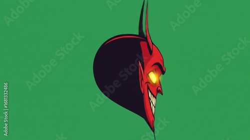 Cartoon Red Devil Grinning Against Green Background Illustration