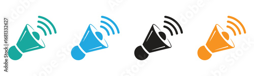 Dynamic loudspeaker icons in vibrant colors for communication concepts. Ideal for marketing, advertising, and social media campaigns. Perfect for conveying announcements and messages.