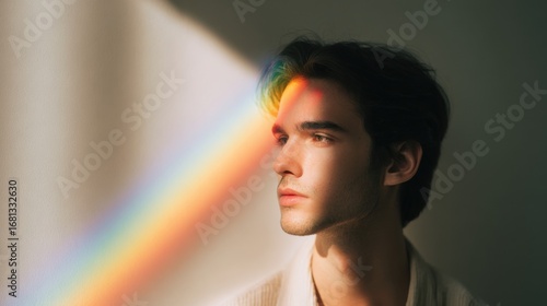 Thoughtful young man gazes toward soft natural light, his face illuminated by a vibrant rainbow reflection on a plain indoor wall.