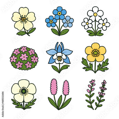 Jasmine buttercup alpine creeping icon floral blossoms rock grid mountain vector moss