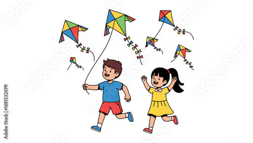 Whimsical Kite Festival: Joyful children run through a vibrant field, their spirits soaring alongside colorful kites. This playful illustration depicts the pure joy of childhood.