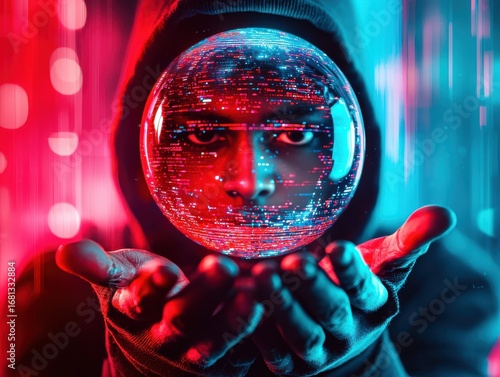 A person in a hoodie holds a glowing crystal ball, illustrating a futuristic theme.