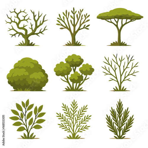 Leaf icon bush thorn set savanna clumping twisted vector botany foliage