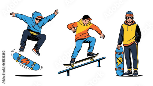 Skateboarders in Action: Energetic depictions of skateboarders executing dynamic tricks, showcasing urban lifestyle and skill.