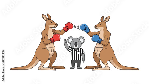 Kangaroo Boxing Match: Two kangaroos engage in a spirited boxing match, gloves on and ready to fight, while a koala referee ensures fair play. A touch of fun and friendly competition.