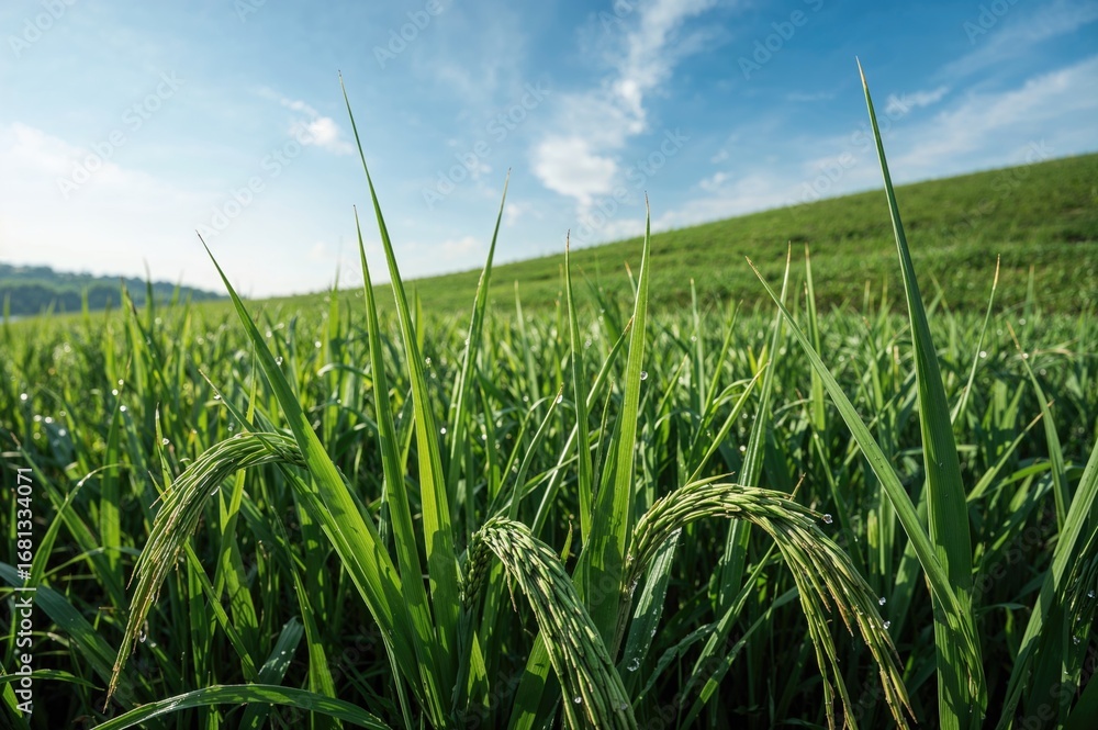 Obraz premium Farmers cultivate rice stalks and grain clusters as their yield.