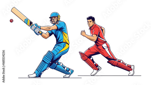 Dynamic Cricket Duel: A batsman in vibrant blue and yellow gears up for the shot as a bowler in red gears up for the delivery. capturing the excitement of cricket