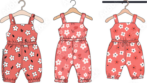 Floral pattern children’s overalls displayed on hangers with white background  