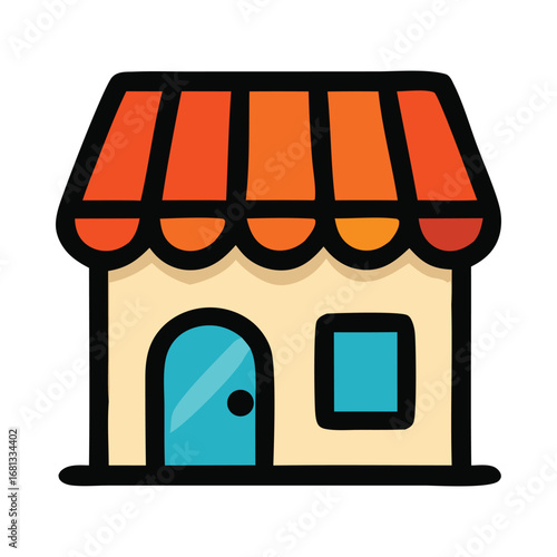Wallpaper Mural Building with orange awning and blue door. Perfect for showcasing quaint cafes, boutique shops, or city street scenes. Torontodigital.ca