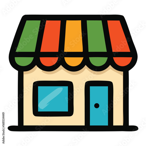 Storefront with colorful striped awning, showcasing vibrant facade, ideal for retail business websites, flyers, posters, and promotional materials.