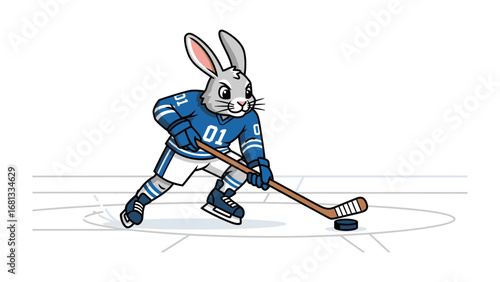 Rabbit hockey Player: A dynamic illustration of a determined rabbit player dribbling a puck on the ice, showcasing energy and sportsmanship.