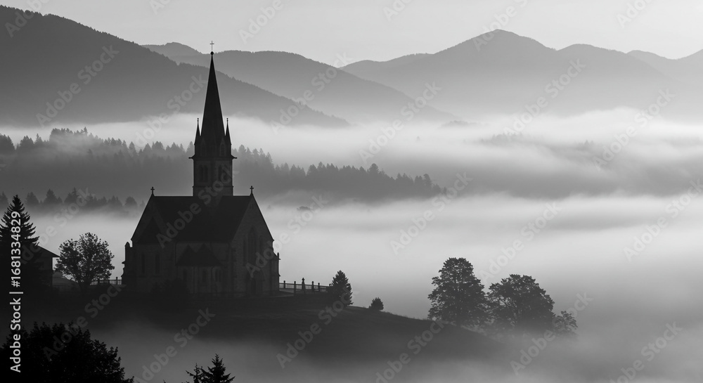 Fototapeta premium Serene church steeple emerges from misty mountain valley at dawn, evoking peace and spiritual calm.