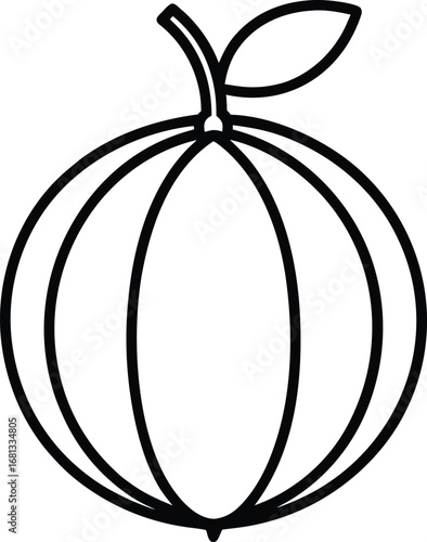 Vector art of simple black and white line art illustration of a stylized fruit, possibly an apple or plum, with segments and a leaf on a, perfect for educational or design purposes