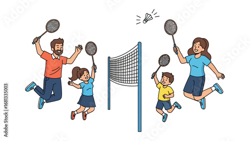Joyful Family Badminton Game: A lively family is shown playing badminton, full of energy and excitement with the shuttlecock soaring above the net.