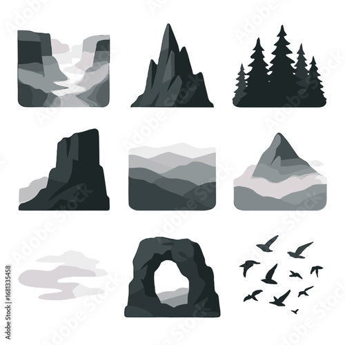 Vector bird base pine foggy drift peak icon cliff rocky hills canyon