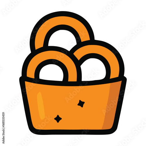 Orange container with three golden onion rings inside, perfect for food blogs, restaurant menus, or social media posts. Great for culinary themes.